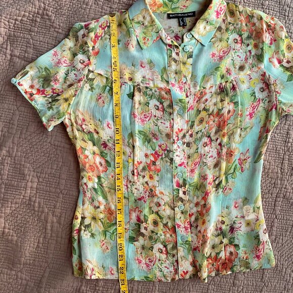 Silk Button-down Short Puff Sleeves Floral Blouse Aqua 6 - Picture 10 of 12